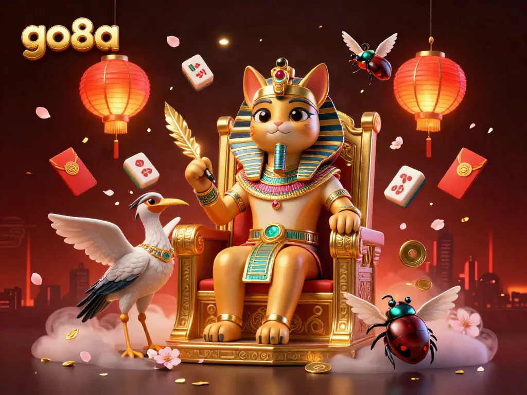 go8a showcases an Egyptian pharaoh cat amidst vibrant gambling elements, enhancing casino excitement.