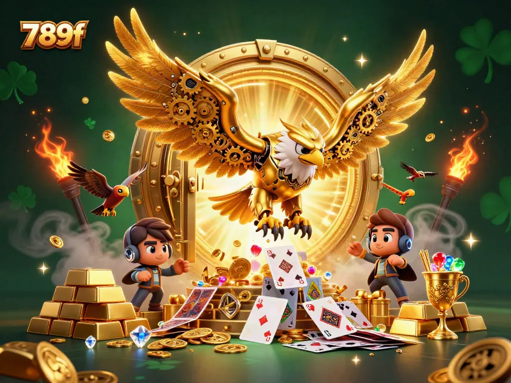 Engage with the stunning world of 789f, showcasing a cybernetic eagle soaring amidst vibrant holographic cards and cascading treasures.