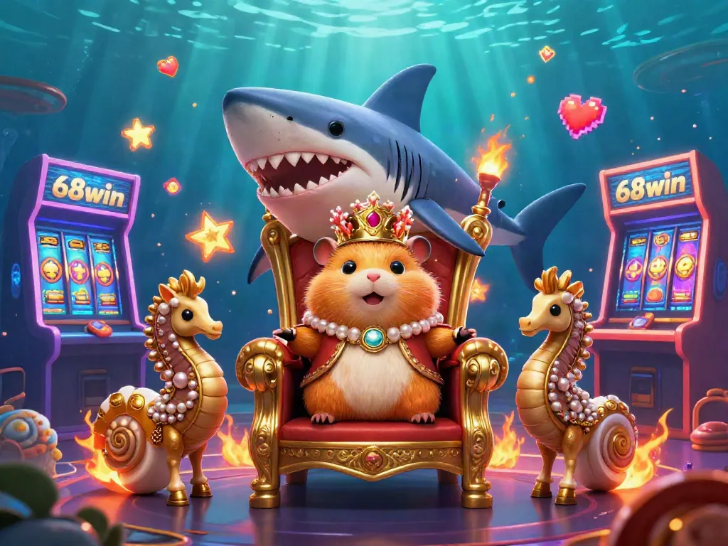 Experience the thrilling world of 68win with a vibrant, ultra-detailed 3D casino scene featuring a golden hamster king and gaming elements.