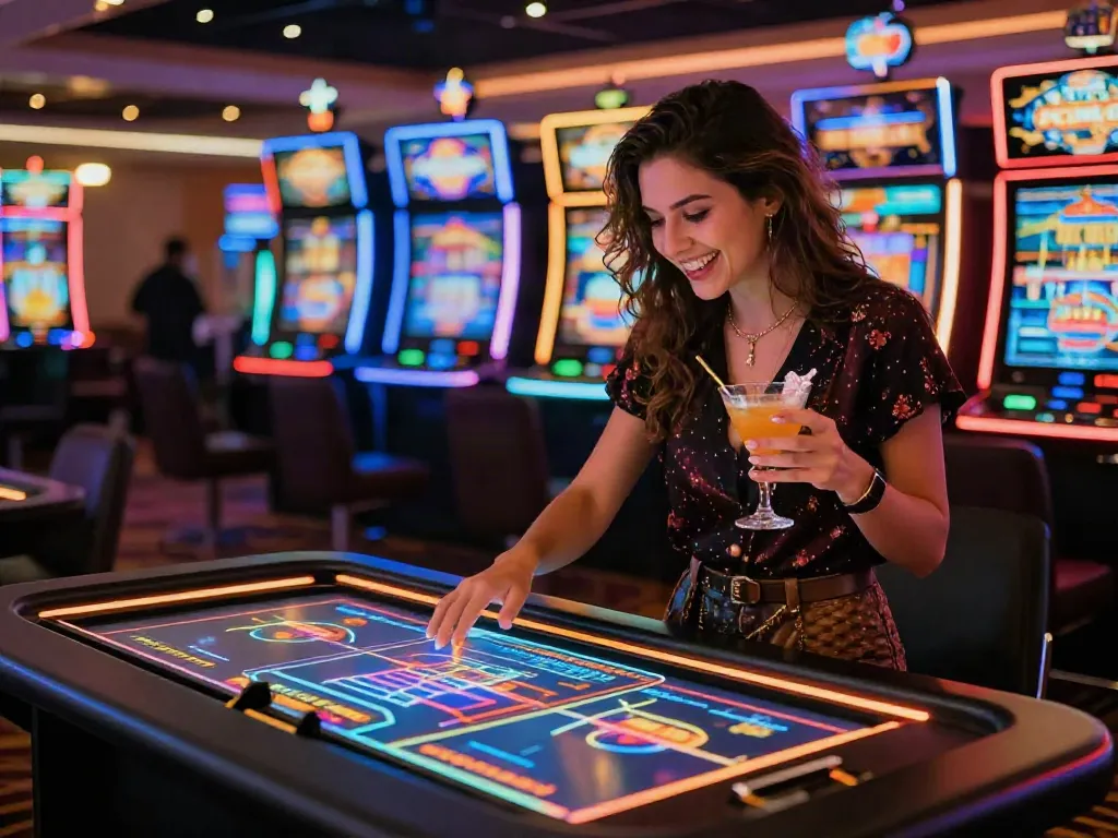 Exciting Casino En Ligne atmosphere with a player enjoying digital gaming and illuminated slot machines.