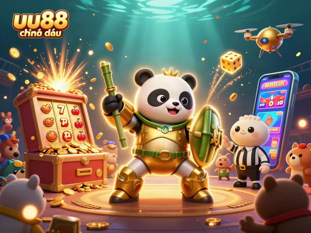 Experience gaming excitement with uu88 chính thức, a vibrant 3D casino scene showcasing a jackpot explosion and lively characters.