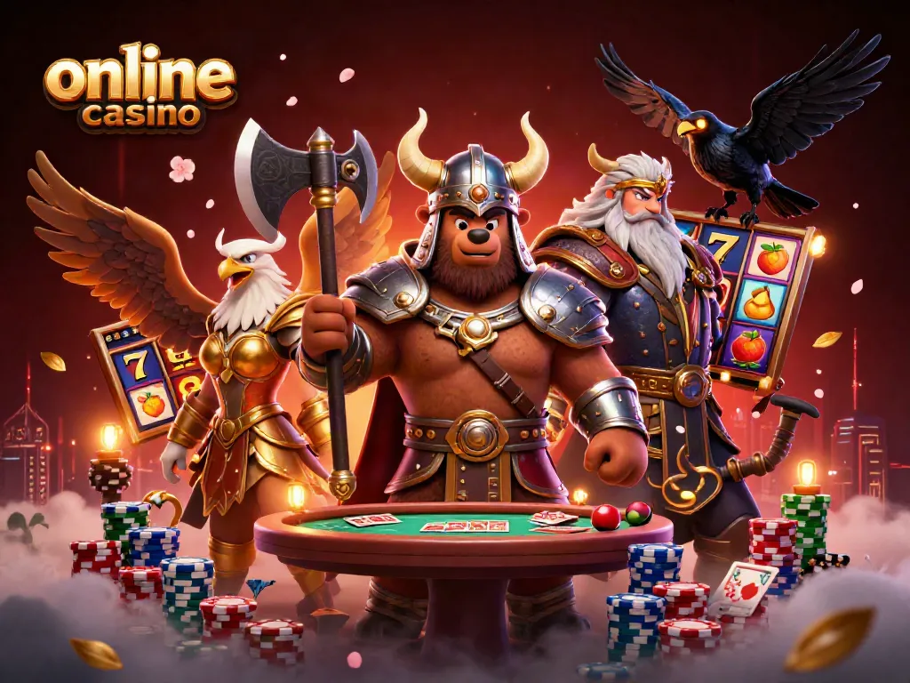 Experience the excitement of an online casino with a cartoon Viking, a Valkyrie, and Odin's ravens, surrounded by slot reels and poker chips.