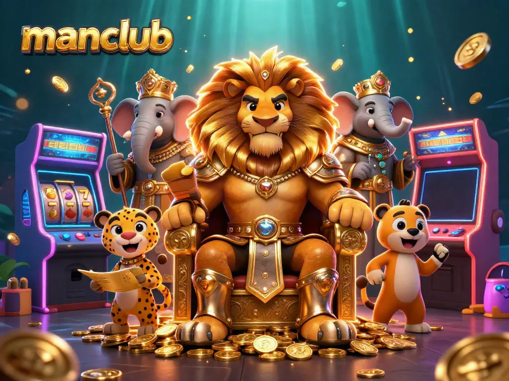 The manclub scene showcases vibrant casino elements and a majestic lion king surrounded by gaming excitement.