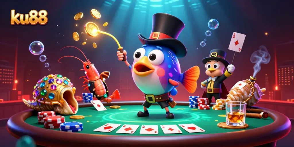 ku88 deep-sea casino theme with anglerfish and pirate shrimp amidst poker elements.