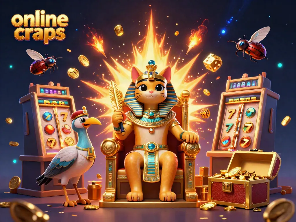 Engage with online craps illustrated by Pharaoh Cat surrounded by vibrant casino elements.