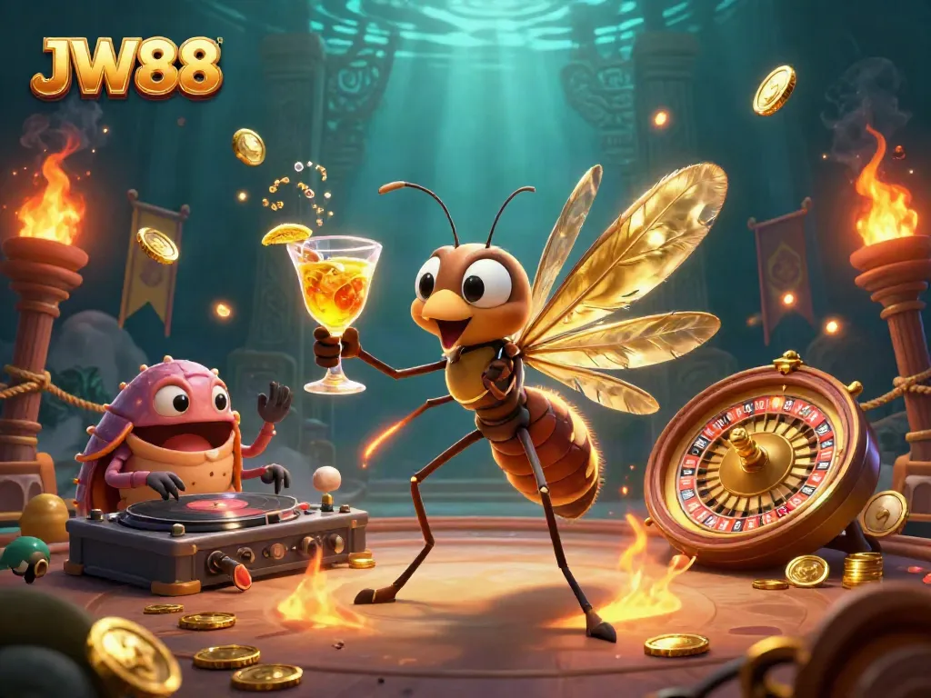 Experience the thrill of JW88 with a lively casino scene featuring unique characters and rich gaming elements.