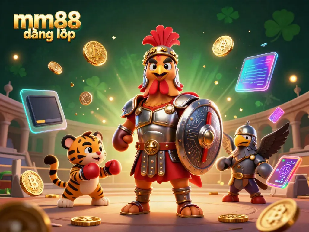 Experience the thrill of mm88 đăng nhập with a 3D cartoon rooster in a Roman colosseum, surrounded by crypto elements.