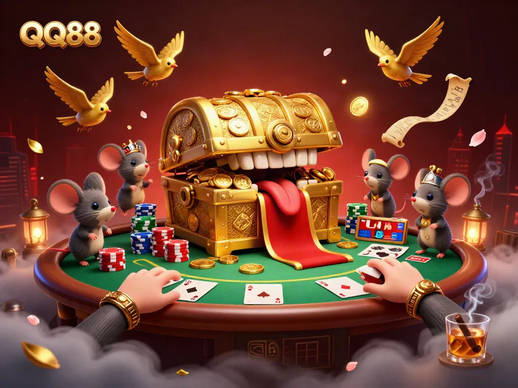Engage in thrilling games with QQ88's golden treasure chest and dynamic poker scene.
