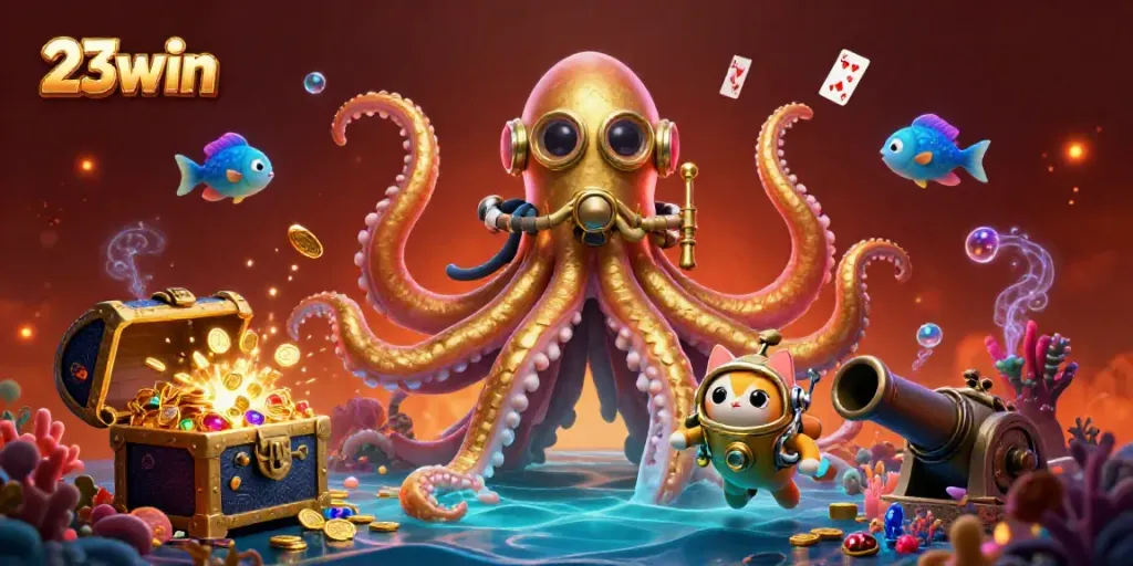 Engage with 23win's thrilling underwater casino adventure featuring a kraken, diving explorer, and vibrant treasures.