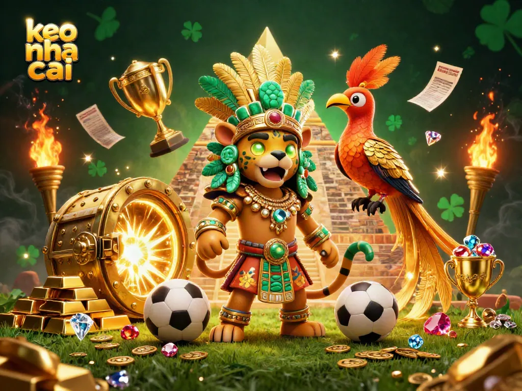 Engage with the keo nha cai sports betting scene featuring a Mayan jaguar priest surrounded by footballs and golden treasures.