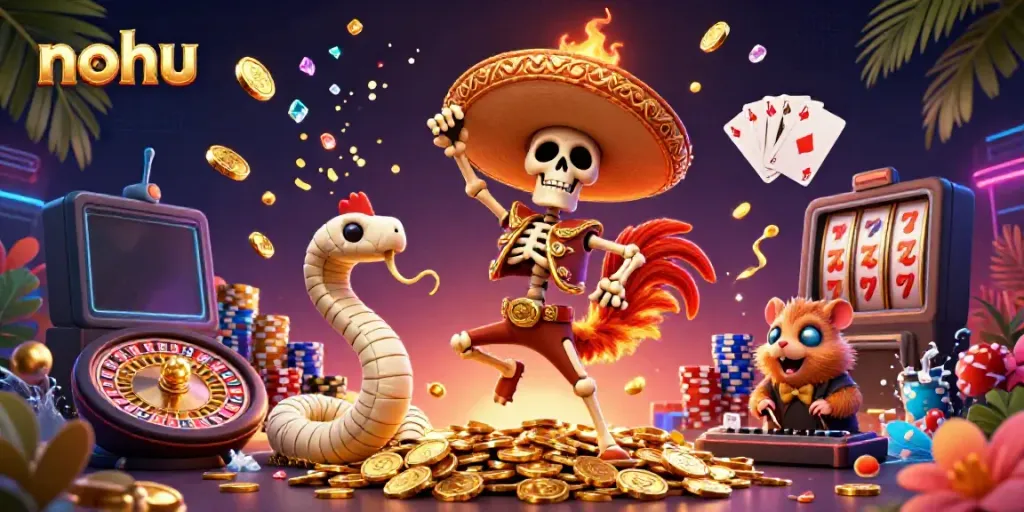 Experience the vibrant nohu casino scene with a skeleton rooster and dynamic gambling elements.