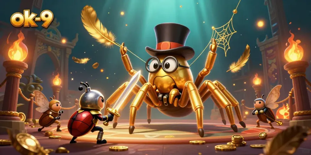 Experience the thrill of ok-9 with a unique golden casino scene featuring a tarantula and beetle knight.