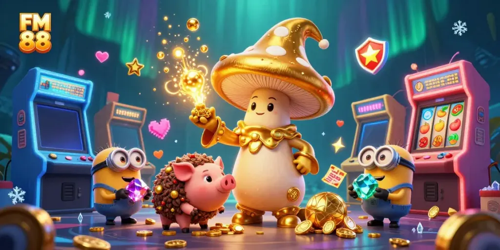 Engage with FM 88's golden mushroom wizard magic in a vibrant, treasure-filled casino scene.