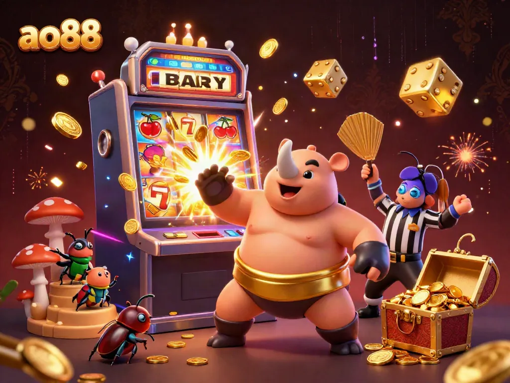 Experience action at ao88 with a rhinoceros beetle champion stomping gold coins surrounded by colorful slot machines and buzzing energy.