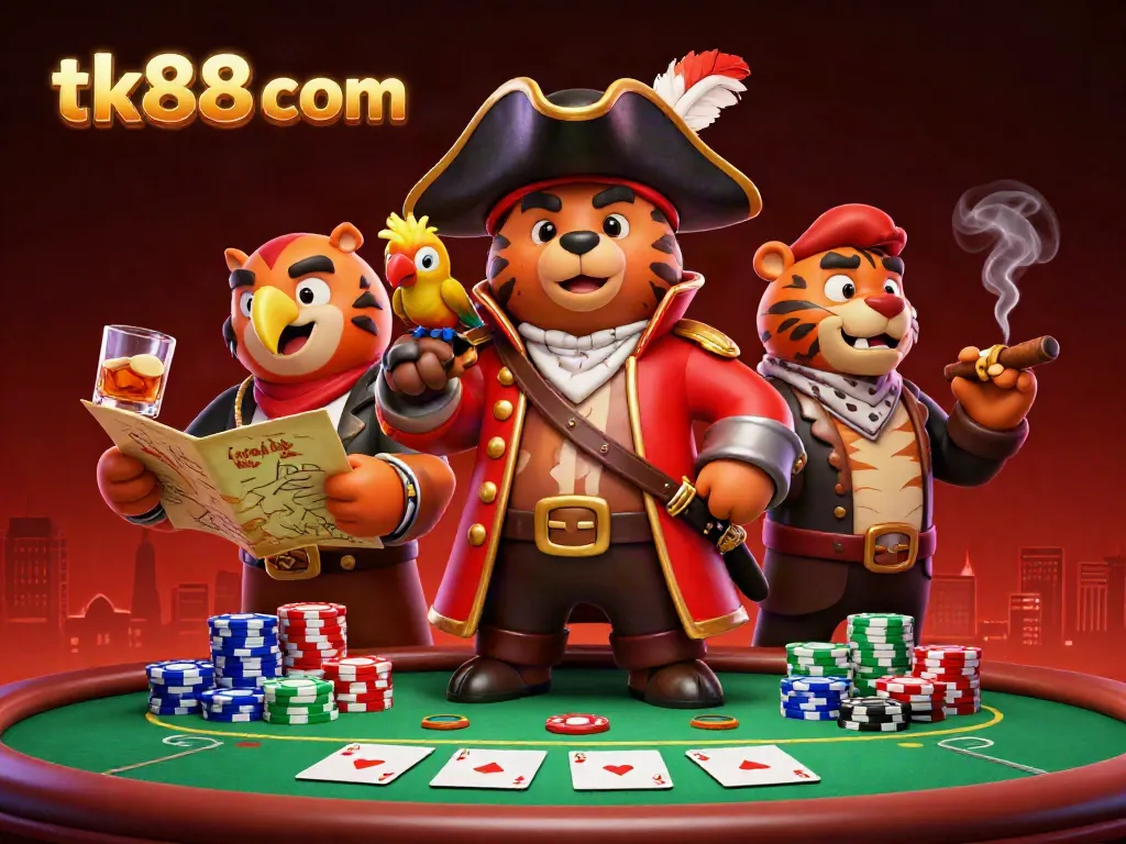 Engage with tk88 com's thrilling casino experience featuring dynamic poker action, colorful chips, and charismatic characters.
