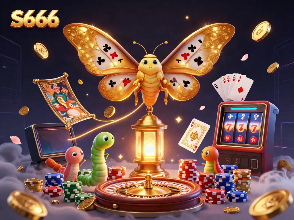 Experience the excitement of S666 with a vibrant illustration of a golden-winged moth amidst casino elements.