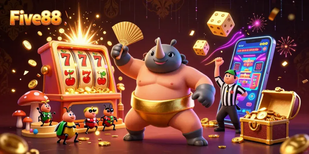 Experience dynamic gaming with Five88 in this colorful, energetic casino scene filled with thrilling slot action.