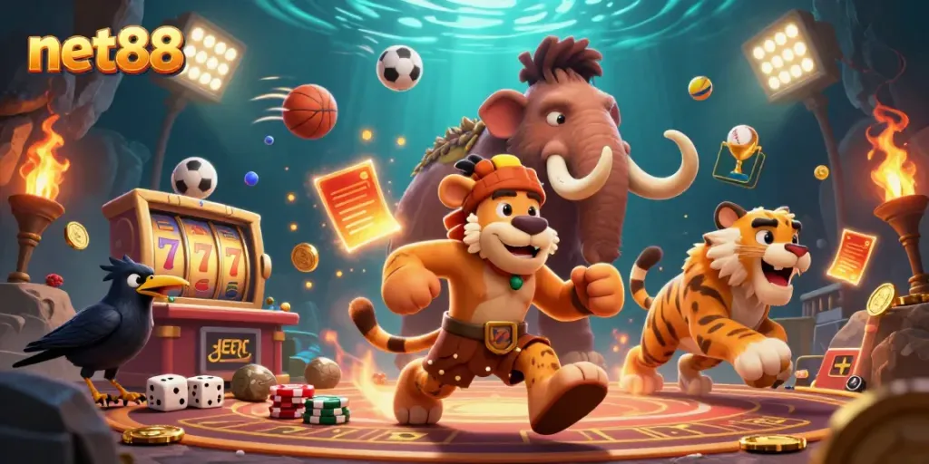 Experience net88 with vibrant slot action in a prehistoric casino setting.