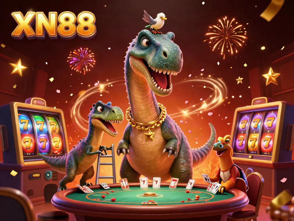 Experience the vibrant thrill of gaming with XN88's dynamic casino scene, featuring fantastical characters.