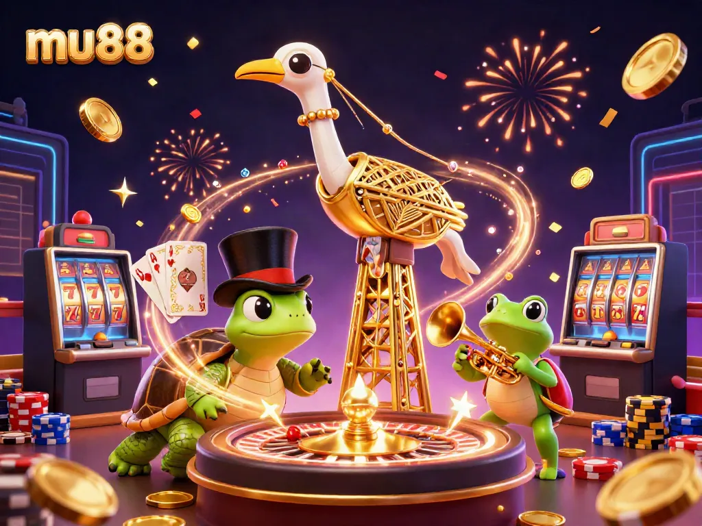 Experience thrilling gaming action with mu88 in a vibrant 3D casino scene featuring dynamic characters and exciting game elements.