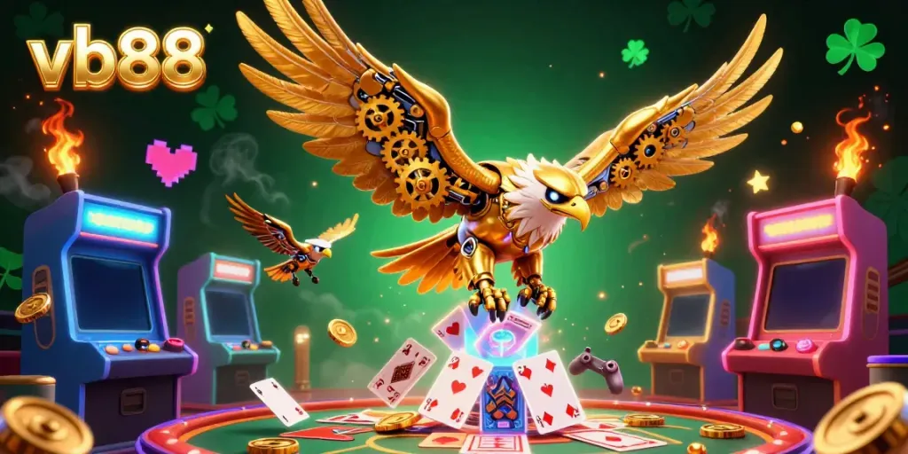 Experience the thrill of gaming at vb88 with a dynamic illustration featuring a golden eagle soaring through holographic cards and coins.