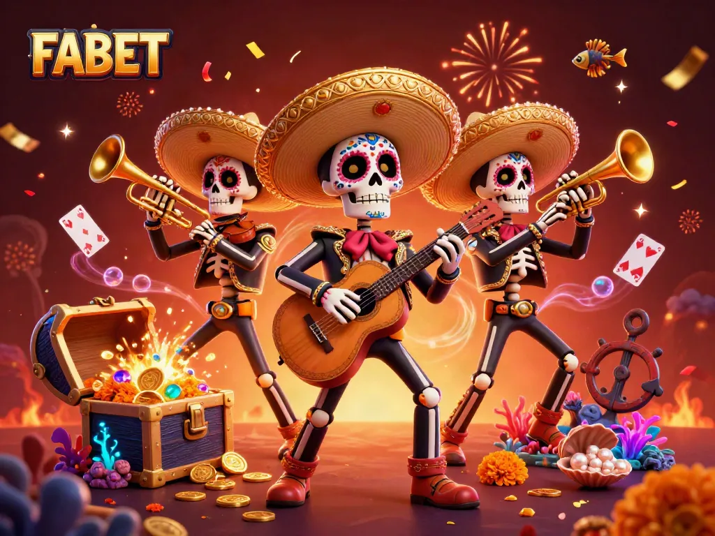 Experience FABET with vibrant mariachi characters enjoying dynamic casino games and celebrating wins.