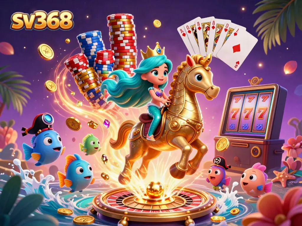 Engage in thrilling wins at sv368 with vibrant mermaid and seahorse surrounded by casino elements, gold coins, and more!