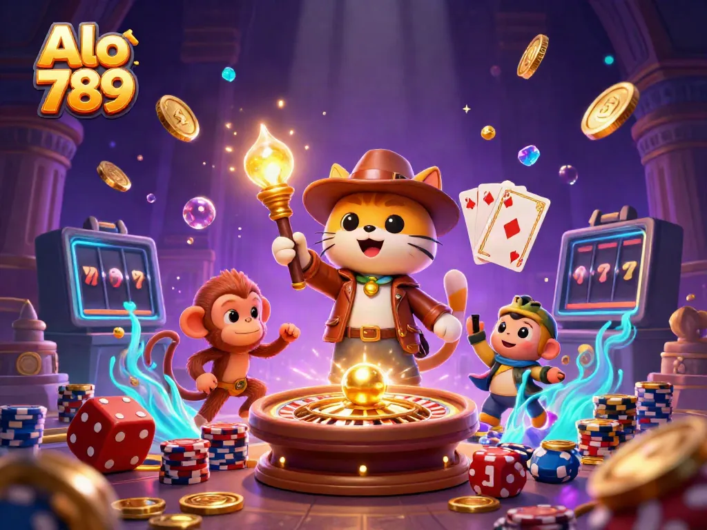 Participate in gambling action with Alo 789 as a cartoon cat discovers golden casino treasures.