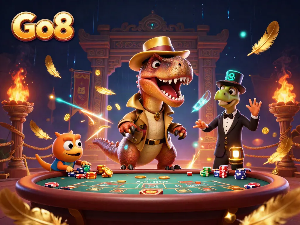 Go8 velociraptor at blackjack table, seamless casino illustration with vibrant elements.