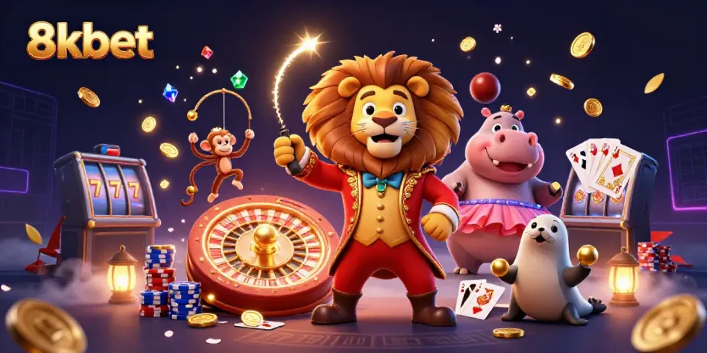 Engage in thrilling games with 8kbet, featuring a circus scene of fun characters and dazzling casino elements.