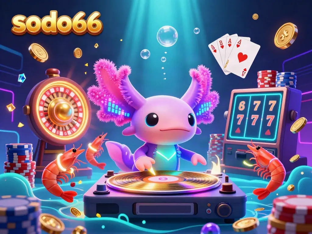 Experience high-energy gaming at sodo66 with a neon axolotl DJ, golden coins, and vibrant casino elements.