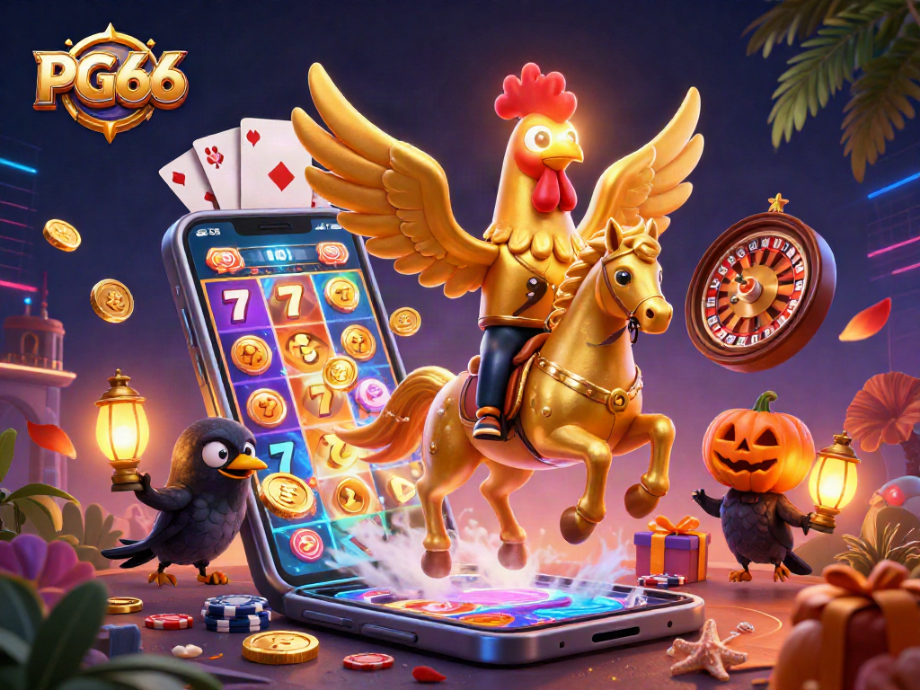 Experience PG66 casino excitement with a lively scene featuring a golden rooster and crow companions.
