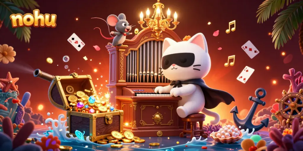 Experience vibrant nohu gaming action with a 3D cat at a casino organ amid floating treasures and rich scenery.