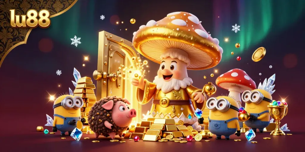 Experience lu88's magical gambling scene with golden wizard and treasure-filled cave.