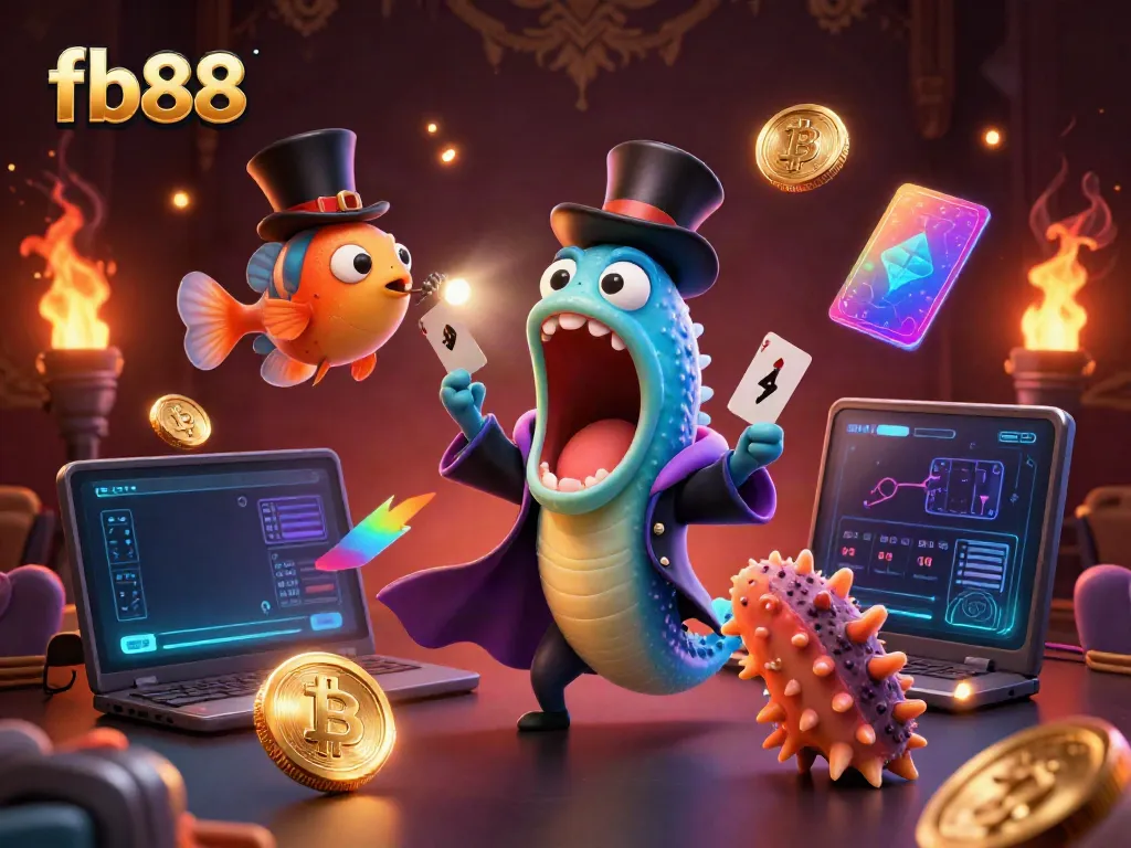 Experience the magic of fb88 with deep-sea characters performing card tricks amidst vibrant casino elements.