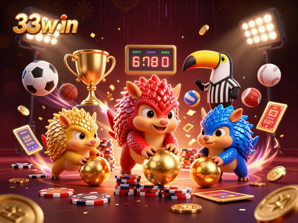 Engage with 33win as rival pangolins compete in a vibrant casino scene filled with dynamic sports elements.
