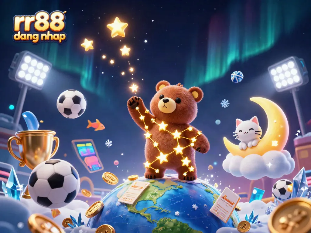 Play and win with rr88 dang nhap as the constellation bear scoops coins amidst vibrant sports elements.
