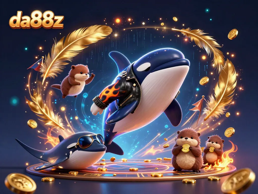 Experience wagering excitement with da88z as an orca in a leather jacket leaps amidst swirling gold coins and vibrant casino elements.