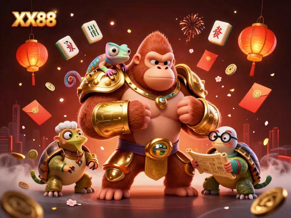 Engage with XX88 by observing powerful characters in a festive casino environment, illustrating excitement and lucky symbols.