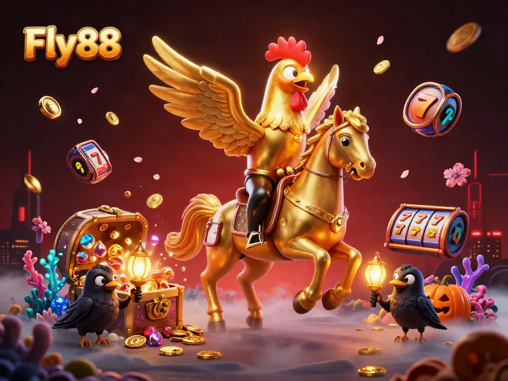 Fly88's thrilling midnight casino scene with a golden rooster and treasure bursts.