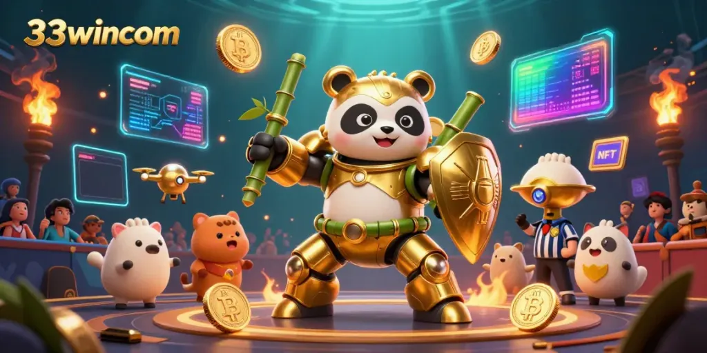 Engage with 33wincom's vibrant casino scene featuring a mech-suit panda amidst dynamic crypto elements.