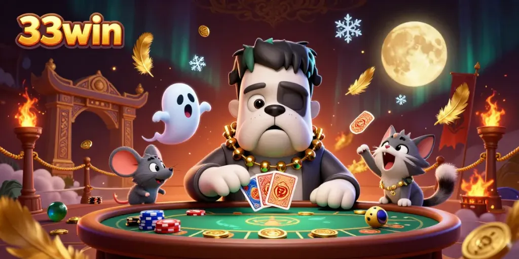 33win brings excitement with a monster dealer at a spooky casino table adorned with gold.