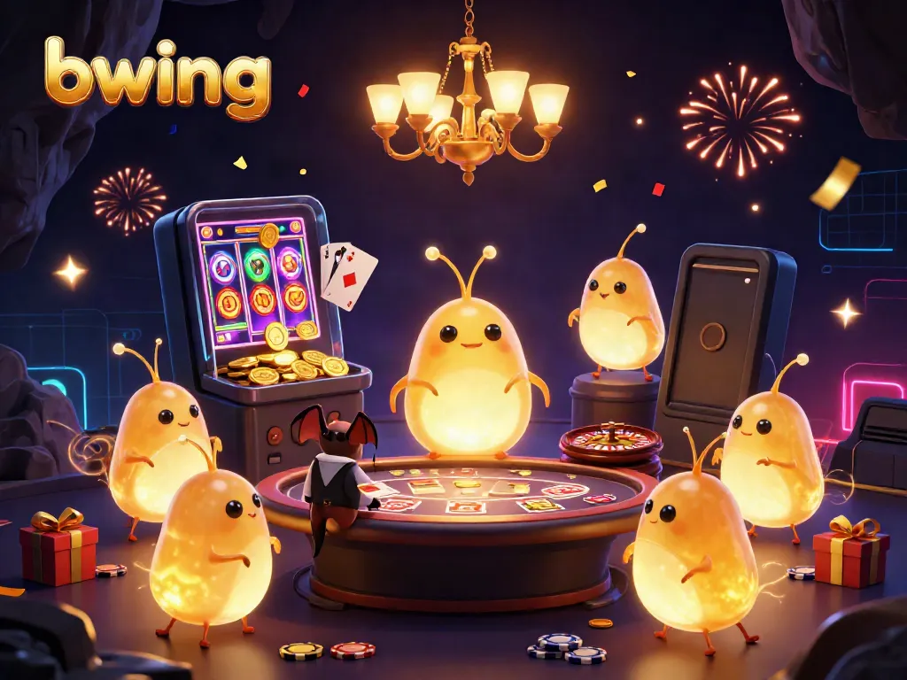 Experience the thrill of gaming at bwing with colorful slot games and vibrant casino elements in a vibrant cave setting.