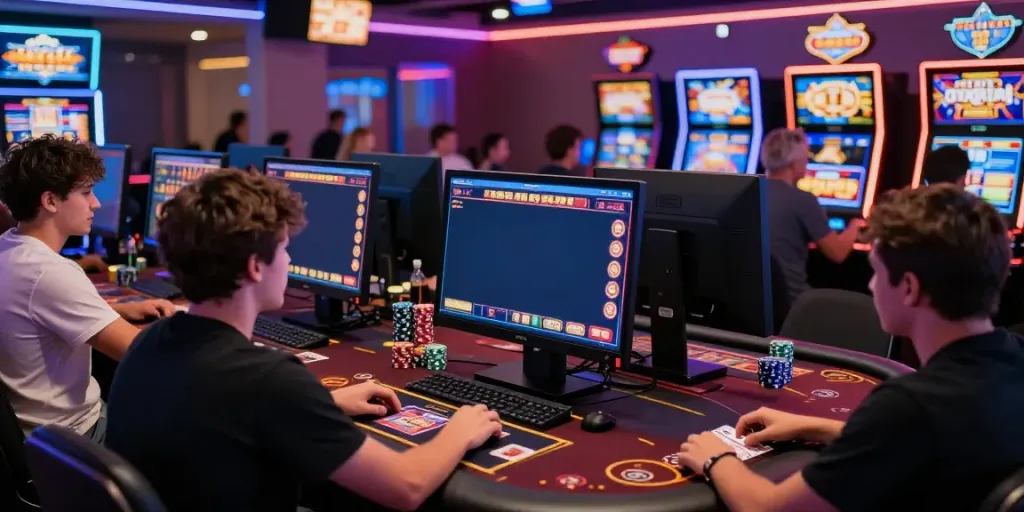 Exciting scene of players engaging in online gaming with casino bonus sans depot offers, showcasing vibrant interfaces and lively atmosphere.
