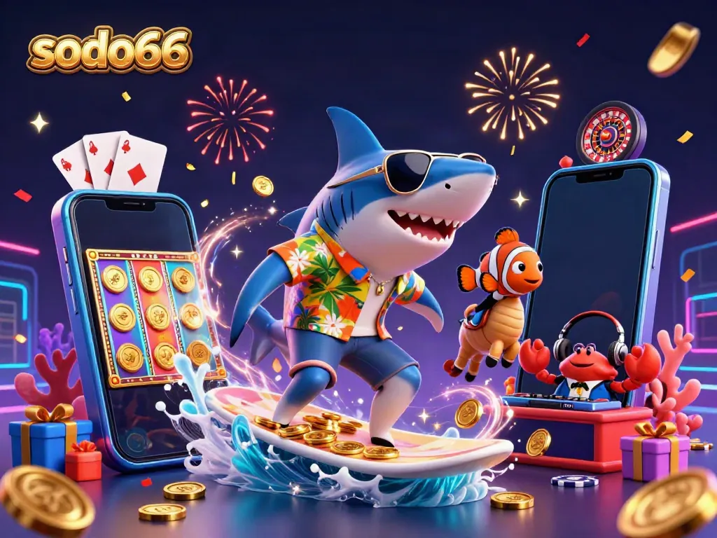 Experience sodo66's vibrant casino world with a shark, clownfish, and crab DJ in a colorful scene.