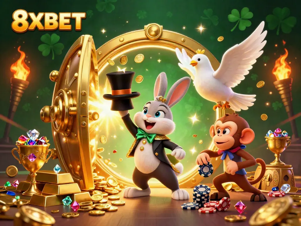 Experience the magic of 8XBET with a vibrant scene of a rabbit magician, dove assistant, and monkey, amidst sparkling treasures.