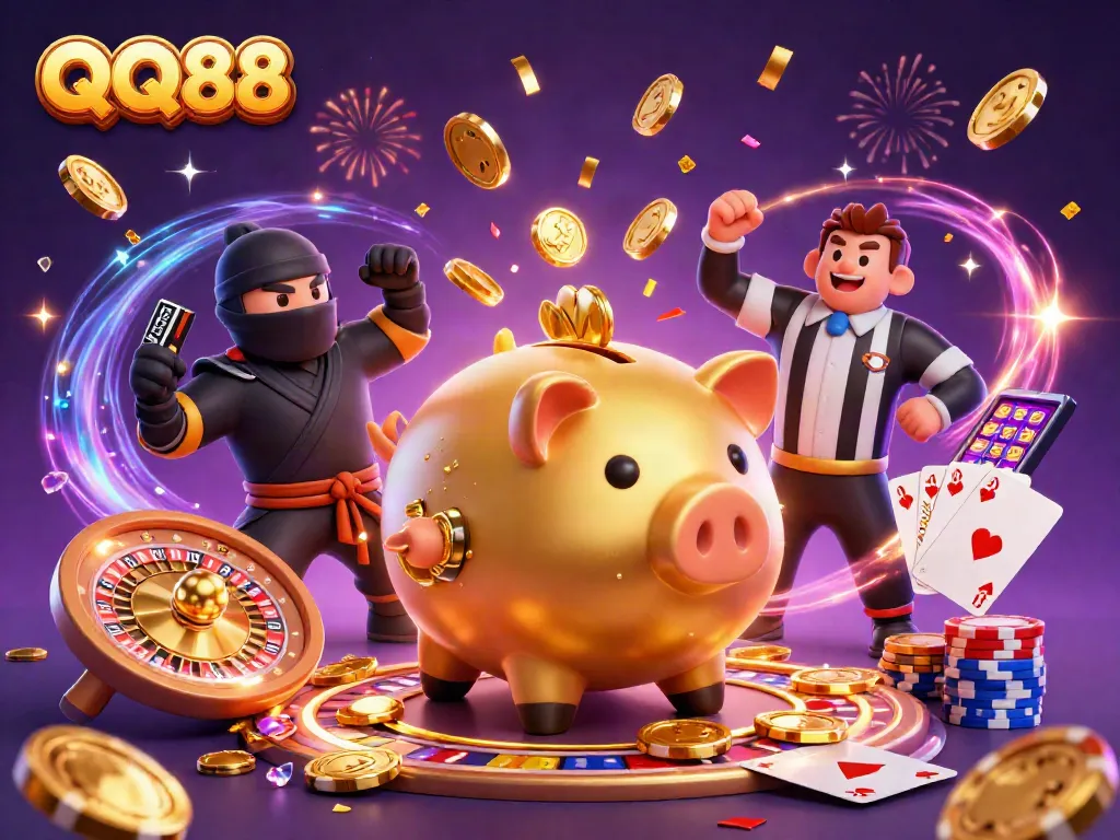 Experience the excitement at QQ88 with dynamic 3D casino artwork showcasing vibrant characters and gaming elements.