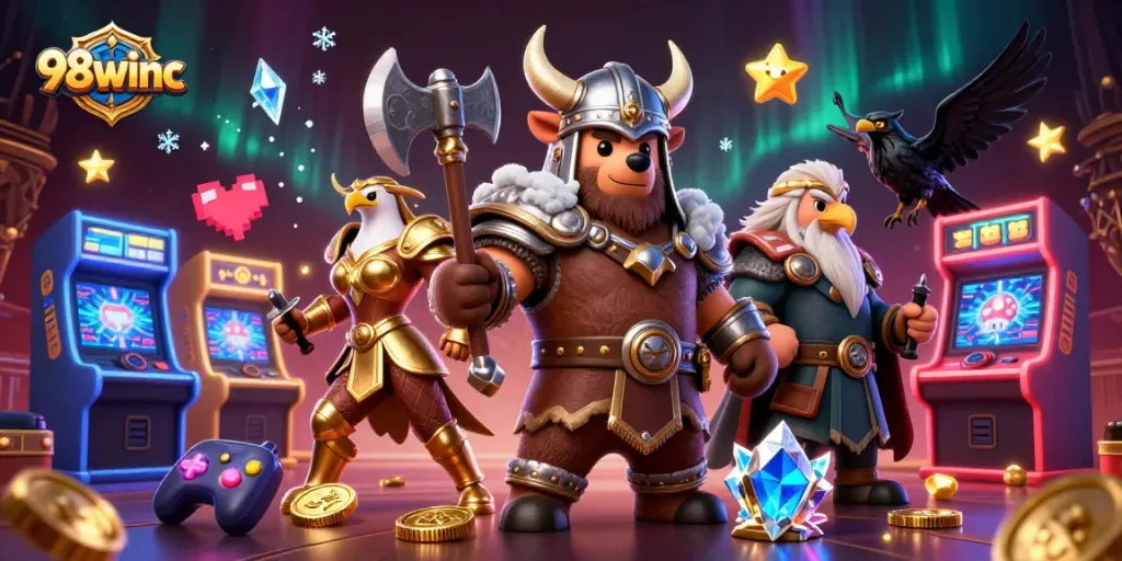 Engage in thrilling gameplay at 98winc with animated Viking characters battling in a vibrant casino scene.
