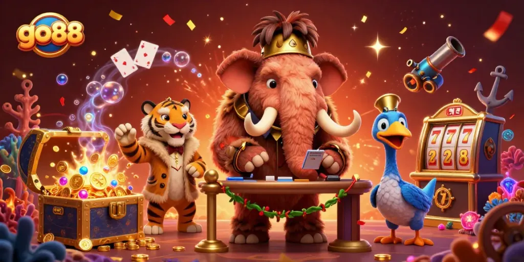 go88 offers an engaging casino experience with a vibrant 3D illustration featuring unique characters and lively game elements.