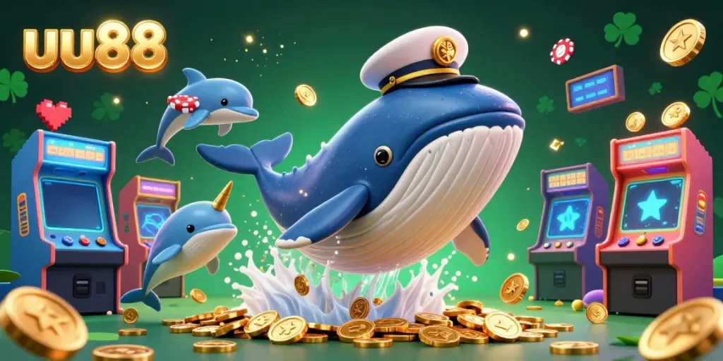 Experience uu88 with a vibrant scene of a cartoon whale and dolphins surrounded by gaming elements in a casino atmosphere.